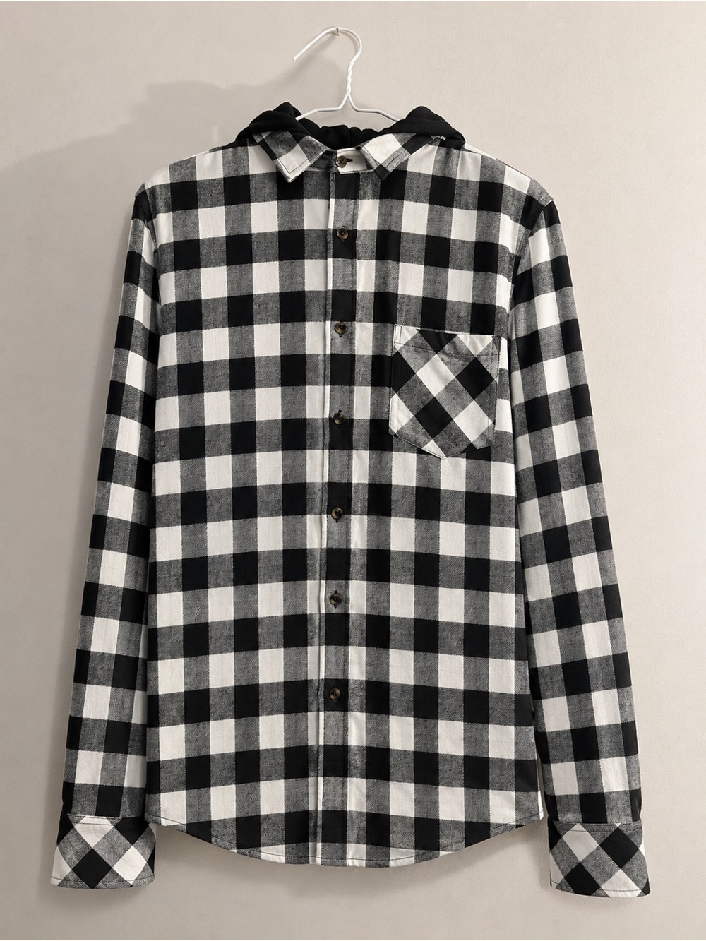 Men’s Large Nomad Black and White Plaid Button-Down Shirt with Hood
